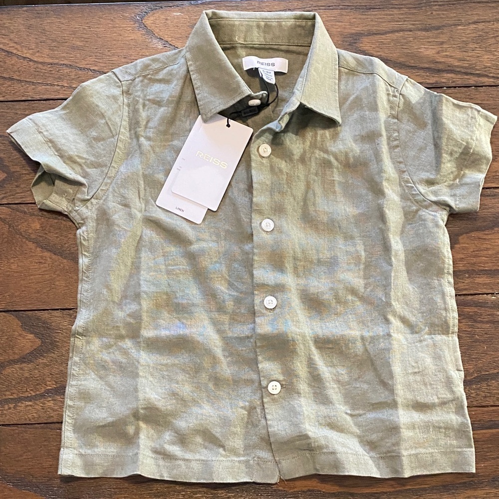 Reiss NWT Linen Short-Sleeve Shirt Button Up Thyme Green Boys Size 4-5 years